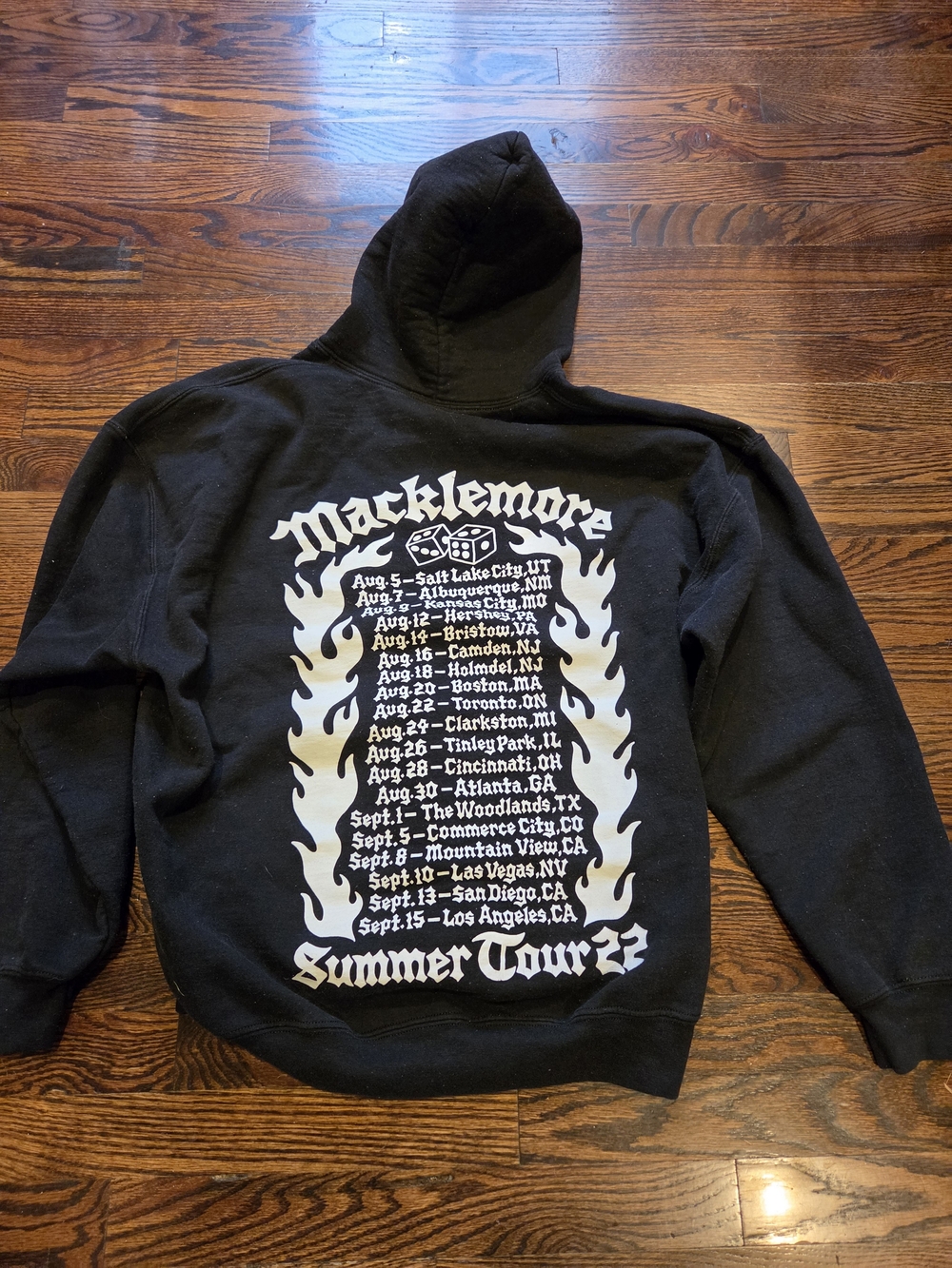 Gildan Black Hoodie with White Macklemore Tour Backprint